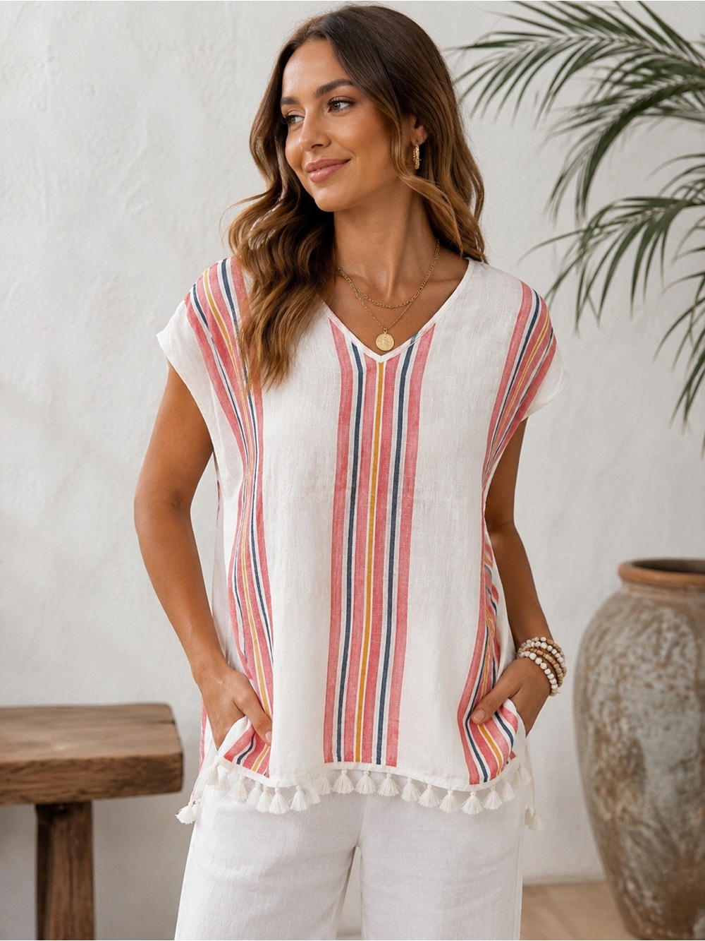 Antibes Blanc 100% Linen Tassel Hem Striped Tunic Top XL Coastal Boho